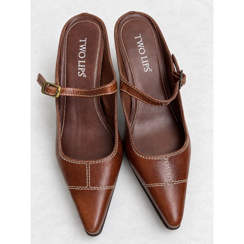 Two Lips Brown Leather Mary Jane Mules Pointed Toe Kitten Heels Size 8.5M